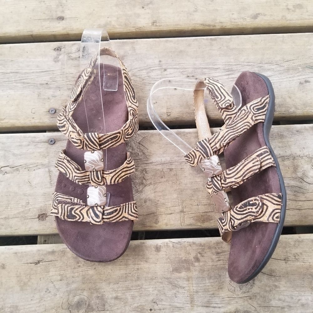 Vionic Orthaheel Amber Tan Black Swirl Faux Vegan Leather Strappy Sandals‎ 8